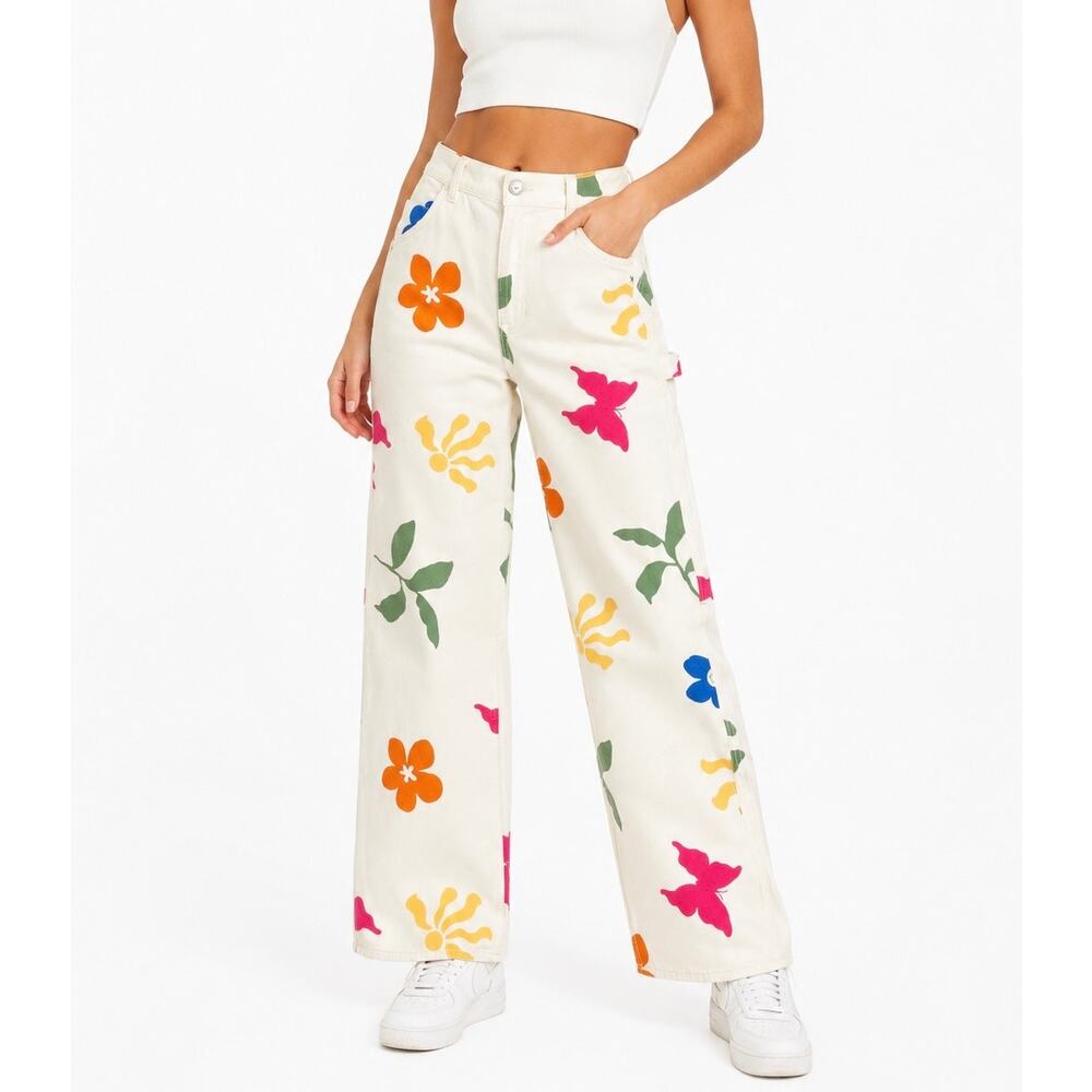 PacSun Ultra High Rise Carpenter Jeans Cream Multicolor Spring Print Size 27